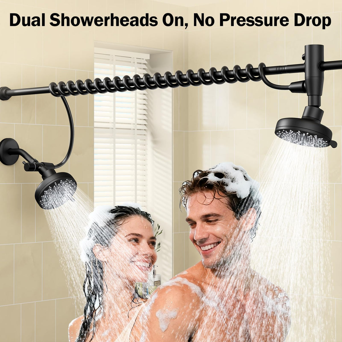 Huytrw two showerheads on deliver strong pressure together for two people.