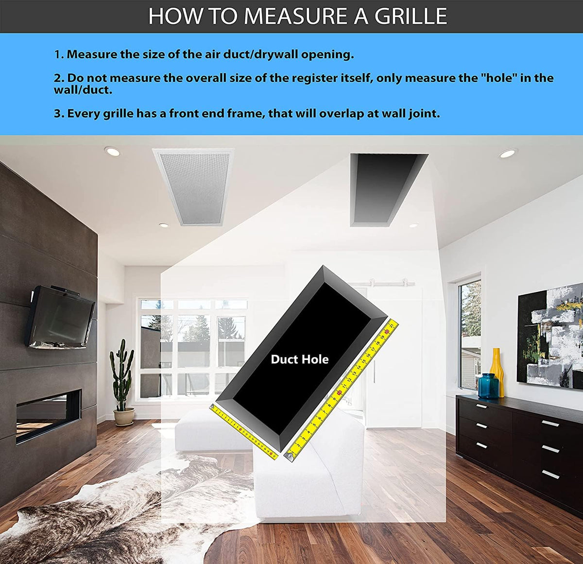 HVAC Premium 3-Way Air Supply Grille back view reveals 2 recessed screw holes for installation.