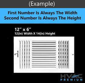 HVAC Premium 3-Way Air Supply Grille dimensions-label close-up communicates outer frame size.