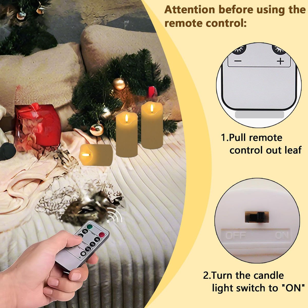 HVOPGEEUAN remote control candles enabling easy brightness and timer adjustments.