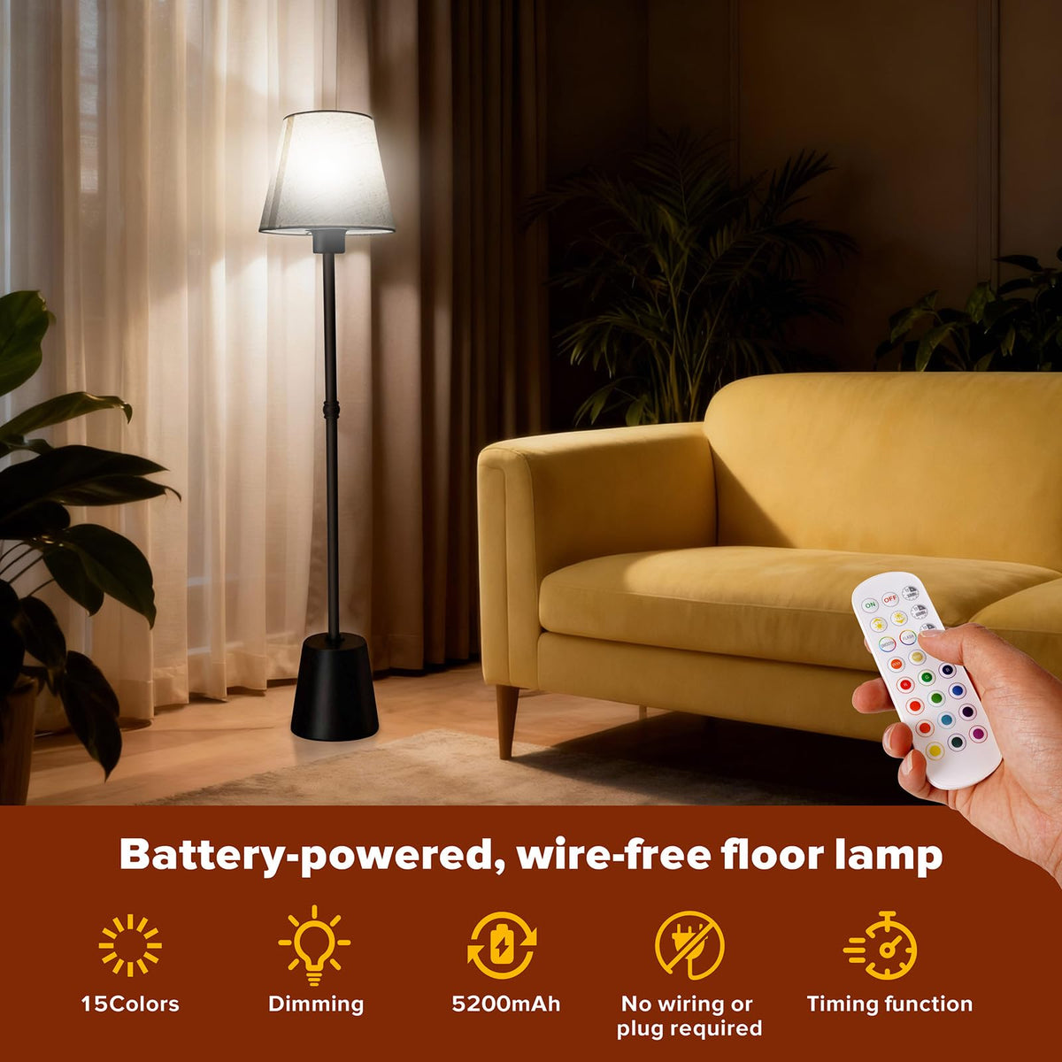 HWTDJJY cordless floor lamp with 5200mAh battery enables flexible lighting.