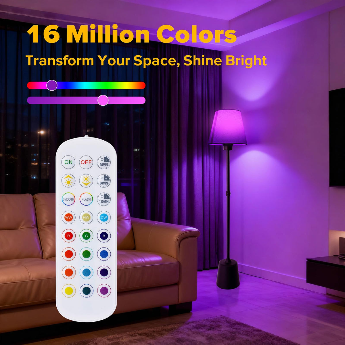 HWTDJJY RGB floor lamp with vibrant color options for ambience.