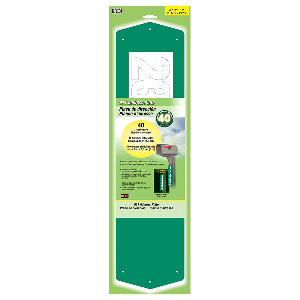 Hy-Ko 911 address plate with reflective numbers improves nighttime visibility.