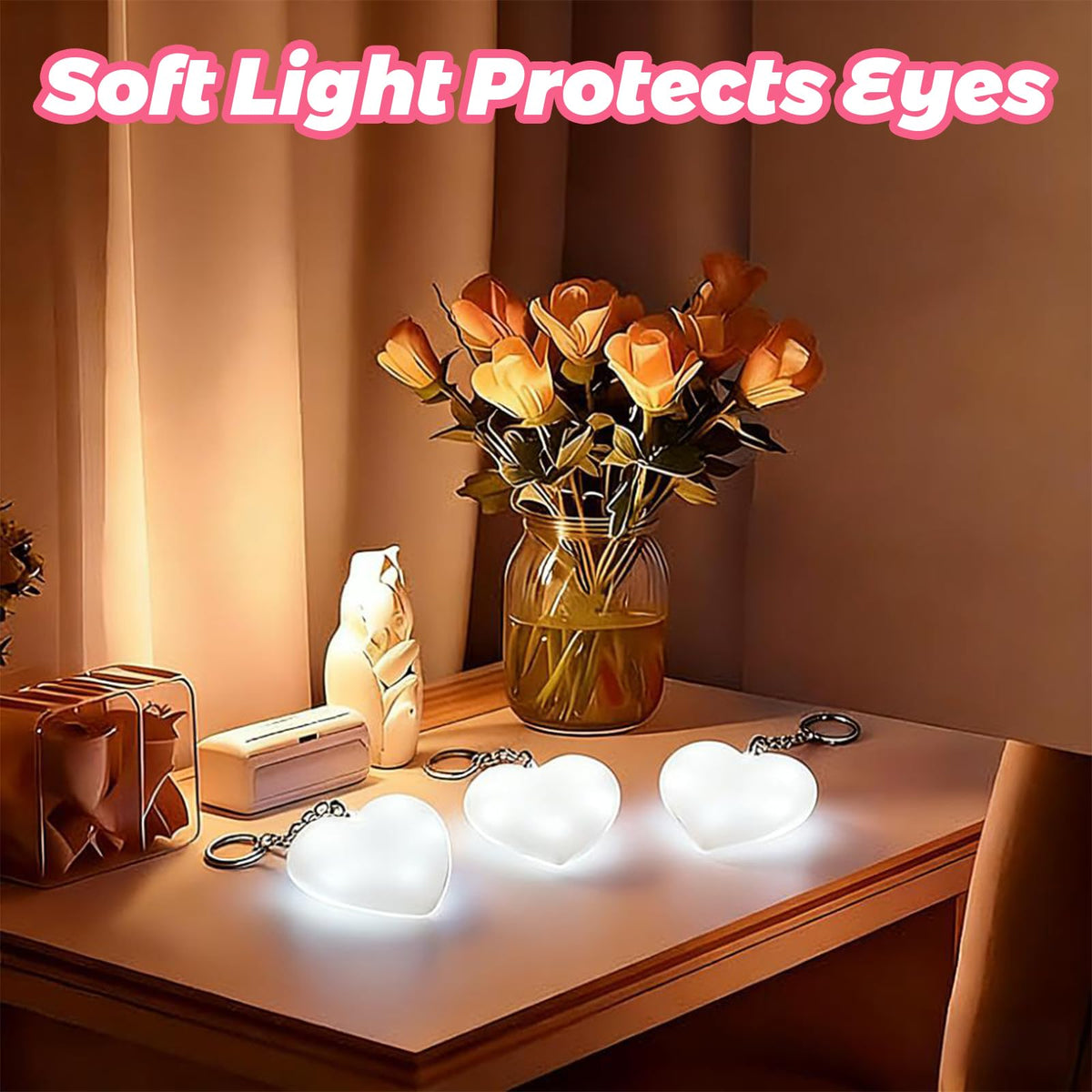 HYCCRAFT heart-shaped night light close-up highlighting its warm glow and touch activation.