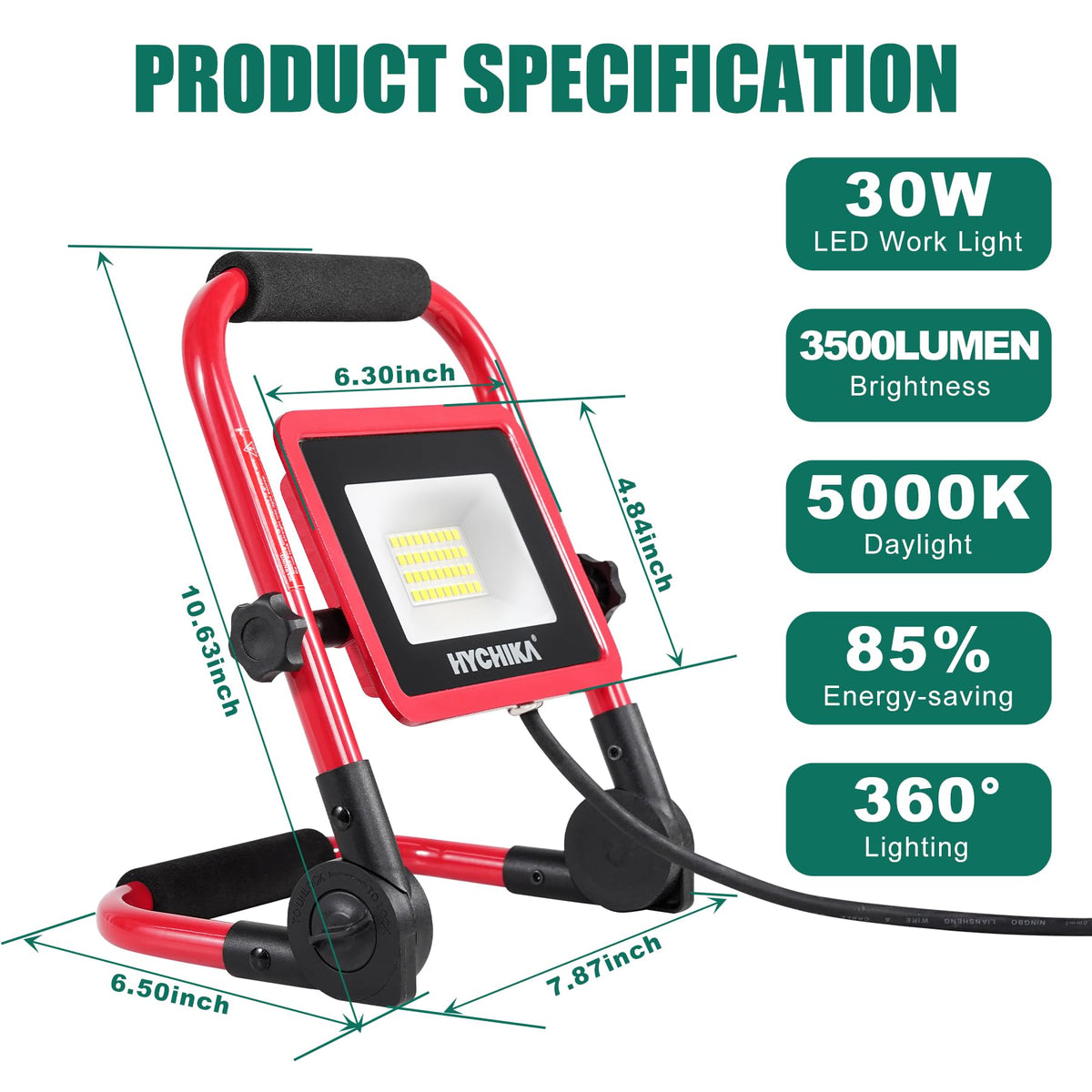 HYCHIKA 30W LED work light on stand delivers stable, hands-free lighting