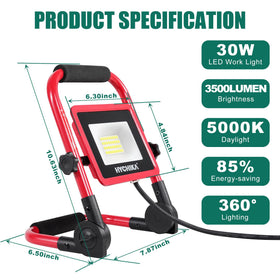 HYCHIKA 30W LED work light on stand delivers stable, hands-free lighting