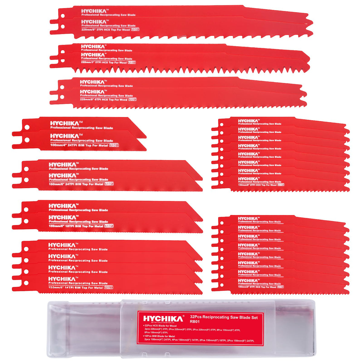 HYCHIKA 32-piece saw blade set in organizer case for easy storage and quick access.