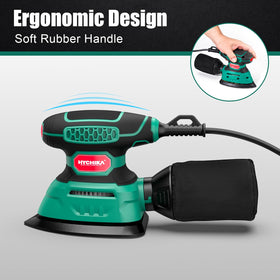 HYCHIKA compact palm sander reaching tight corners with a comfortable grip