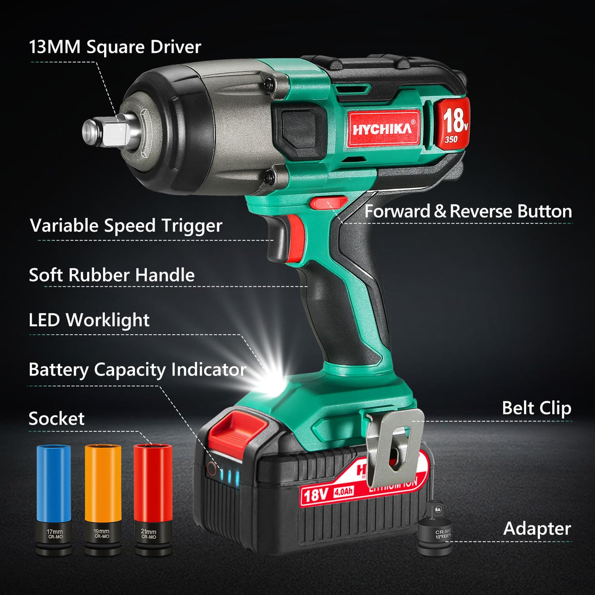 HYCHIKA half-inch chuck ensures durable, versatile socket compatibility.