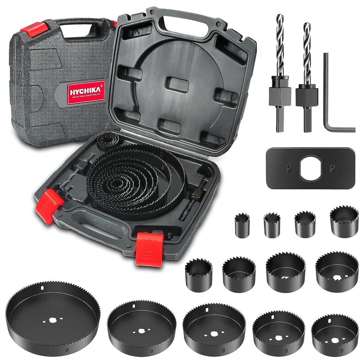 HYCHIKA hole saw kit blades collection for clean cuts in soft wood and plywood