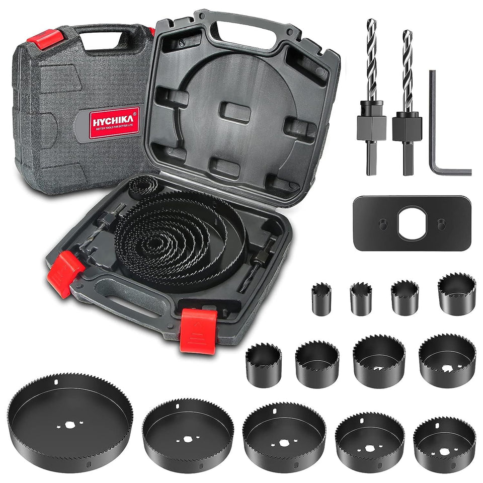 HYCHIKA hole saw kit blades collection for clean cuts in soft wood and plywood