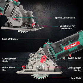 HYCHIKA mini circular saw showing 3 blades for wood, PVC, and plastic projects