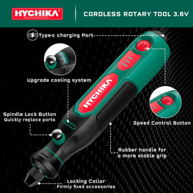 HYCHIKA Mini Cordless Rotary Tool Kit tool-free chuck allows fast bit changes.