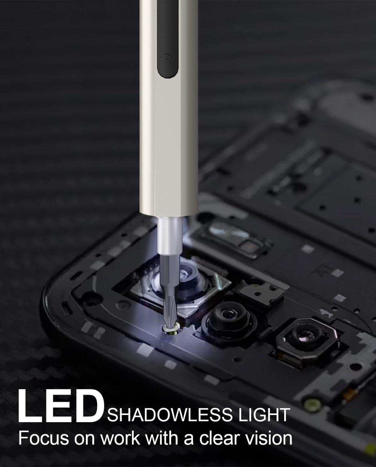 HYCHIKA mini electric screwdriver with LED light enables precise repairs in dark spaces.