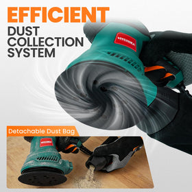 HYCHIKA removable dust bag keeps workspace cleaner during sanding.