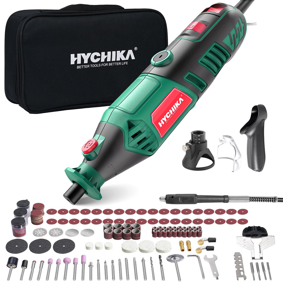 HYCHIKA rotary tool kit with wide RPM range for wood, metal, and stone projects
