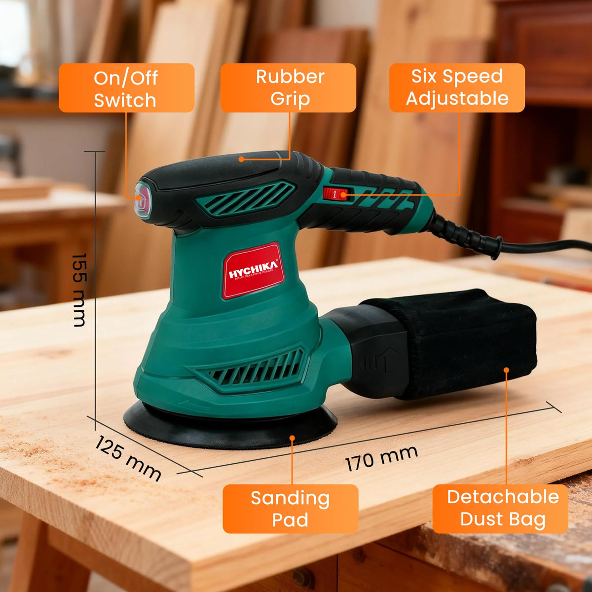 HYCHIKA sander in use on wood finishing for smooth results.