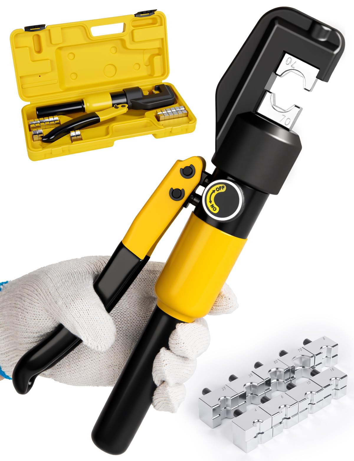 HYCLAT 10-ton hydraulic crimping tool in use on a battery cable lug for a secure connection.