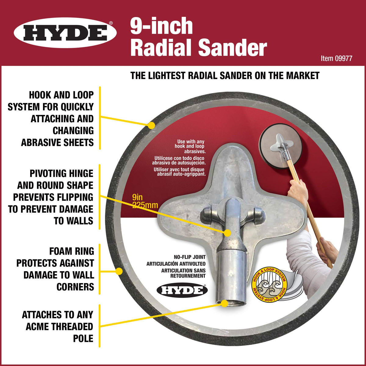 Hyde 09977 Radial Sander with hook-and-loop disc attachment for quick changes