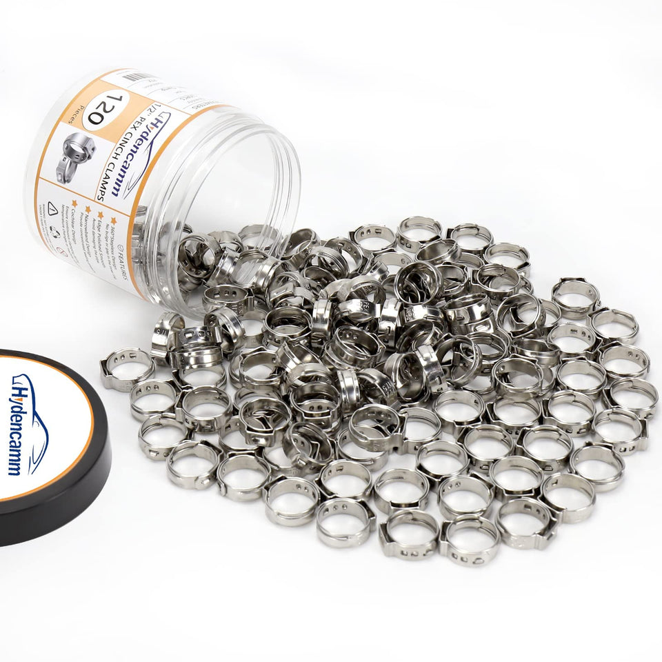 Hydencamm PEX cinch clamps half-inch 120-pack for secure piping connections.