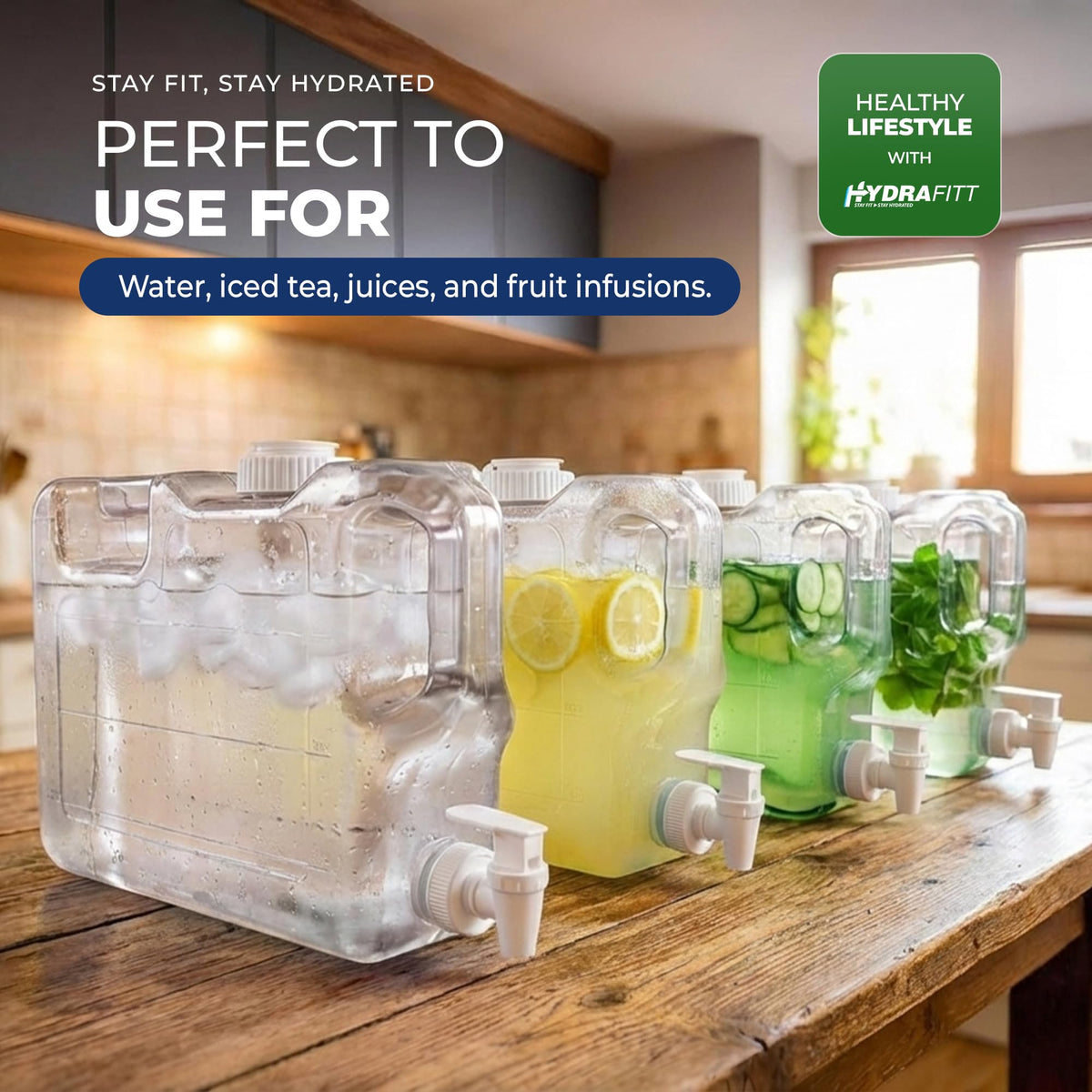 HYDRAFITT clear BPA-free container shows remaining beverage at a glance.