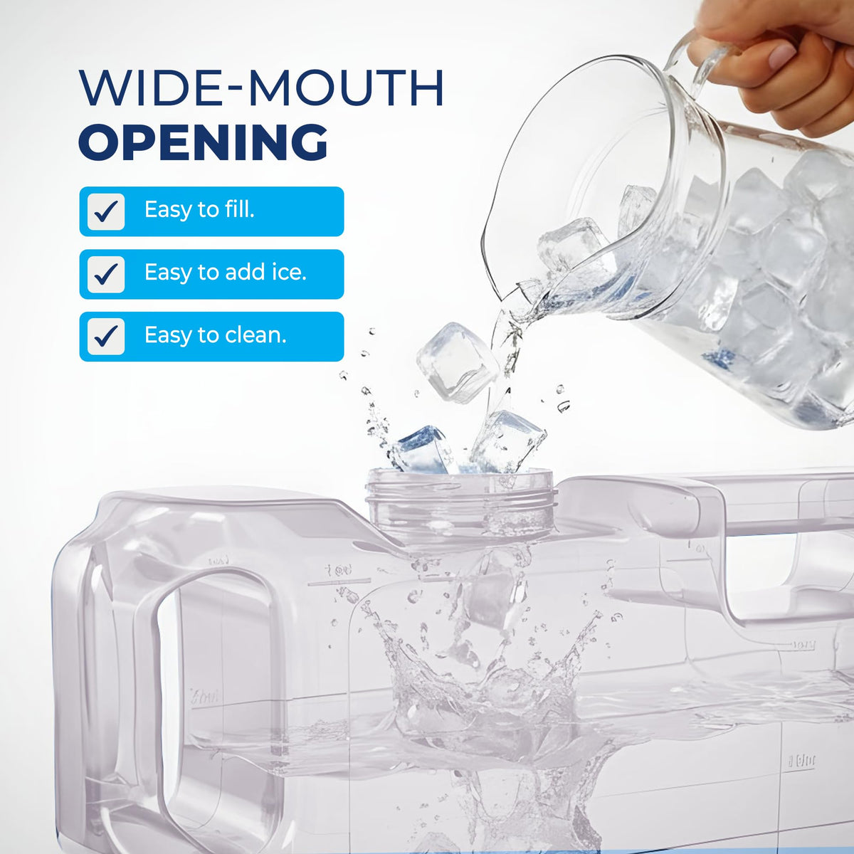 HYDRAFITT clear container ideal for water, juice, or iced tea.