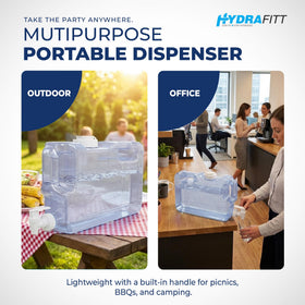 HYDRAFITT 1.1-gallon jug fits fridge shelves with drip-free operation.