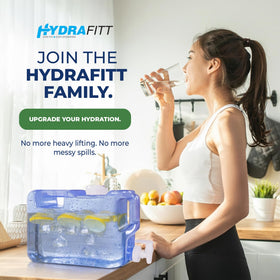 HydraFitt light blue water jug complements kitchen and office use.