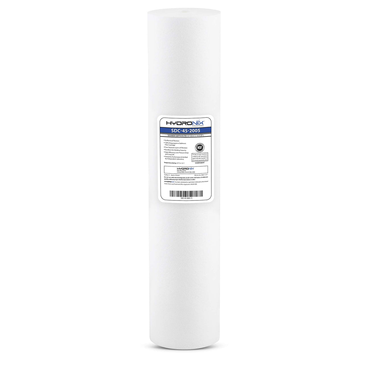 Hydronix SDC-45-2005 sediment filter cartridge in a housing; reduces sediment for cleaner water.