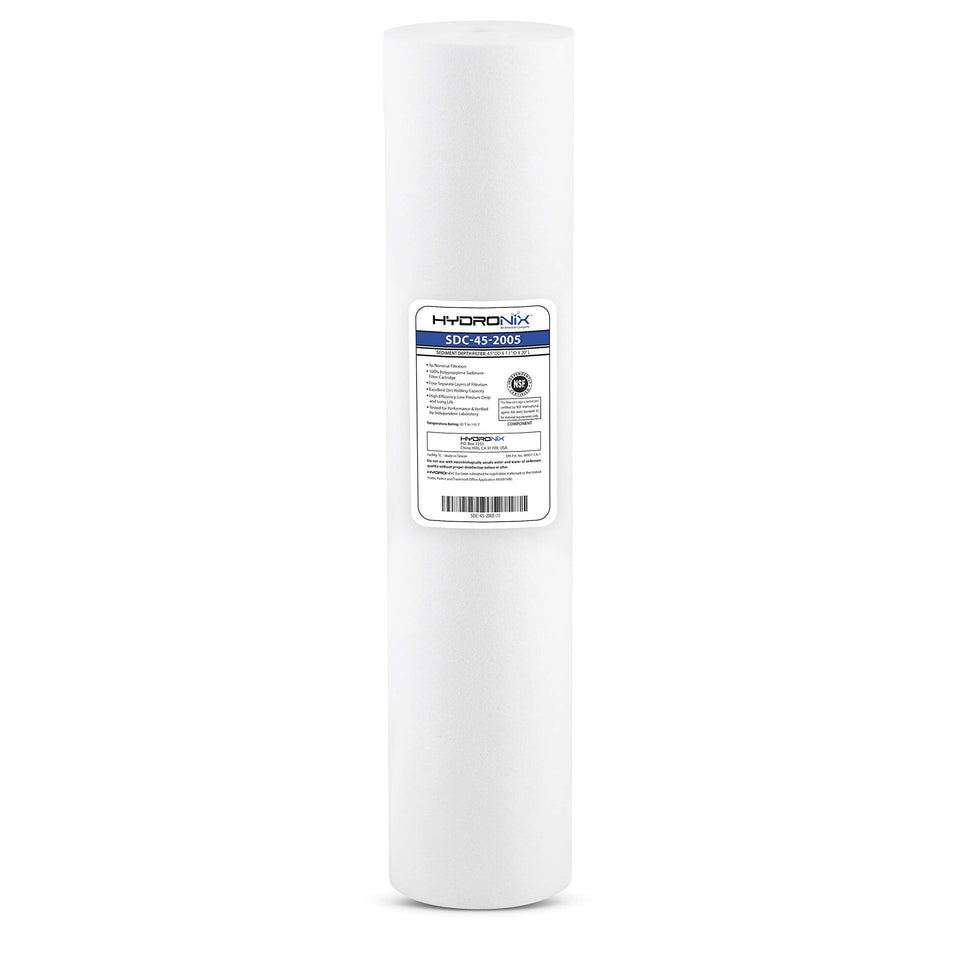 Hydronix SDC-45-2005 sediment filter cartridge in a housing; reduces sediment for cleaner water.