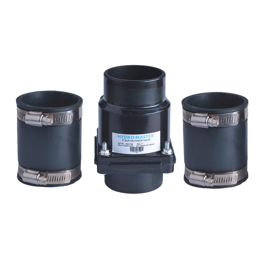 HYDRO MASTER stainless steel clamps closeup highlights corrosion-resistant fasteners.