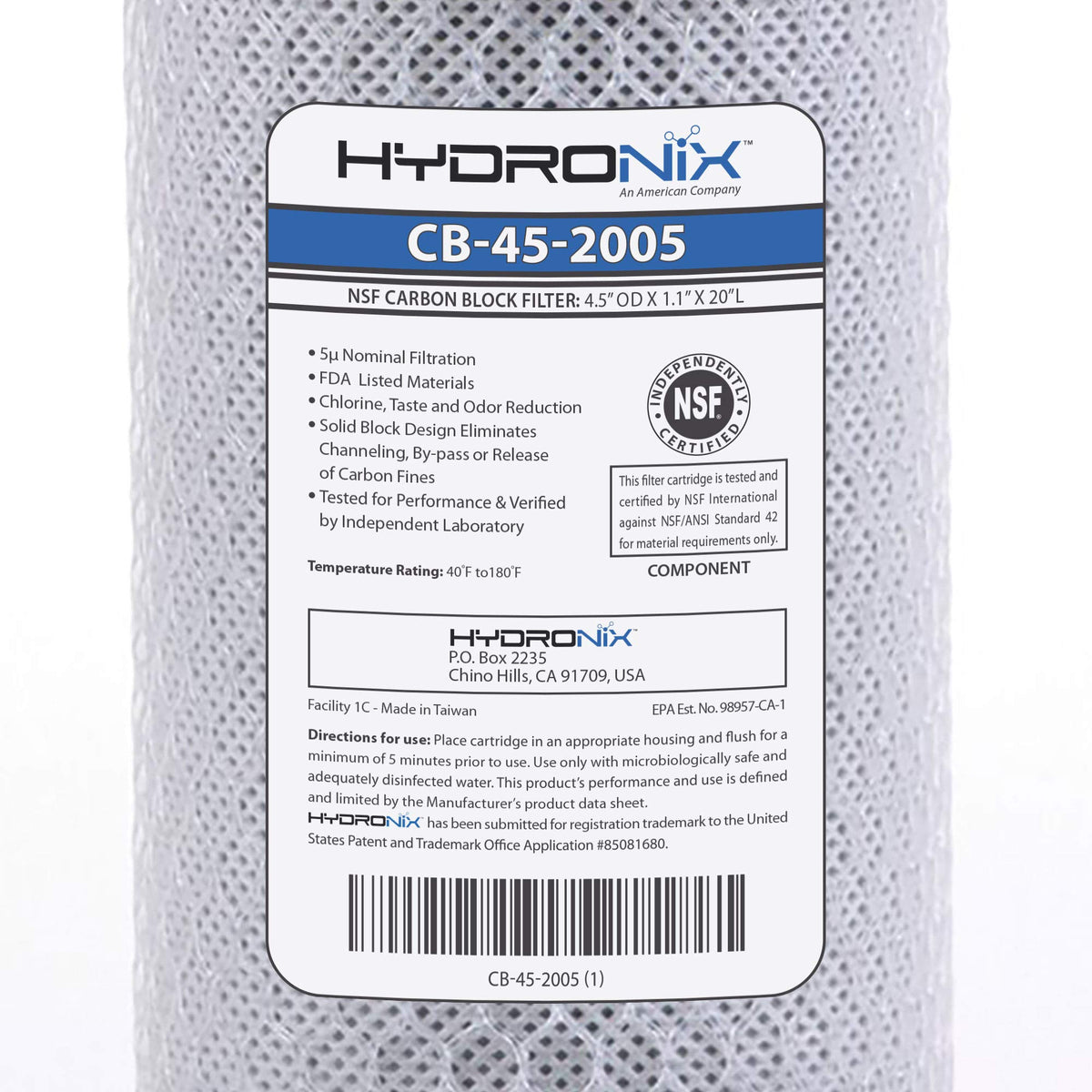 Hydronix CB-45-2005 5-micron retention, filtering fine particulates from water.