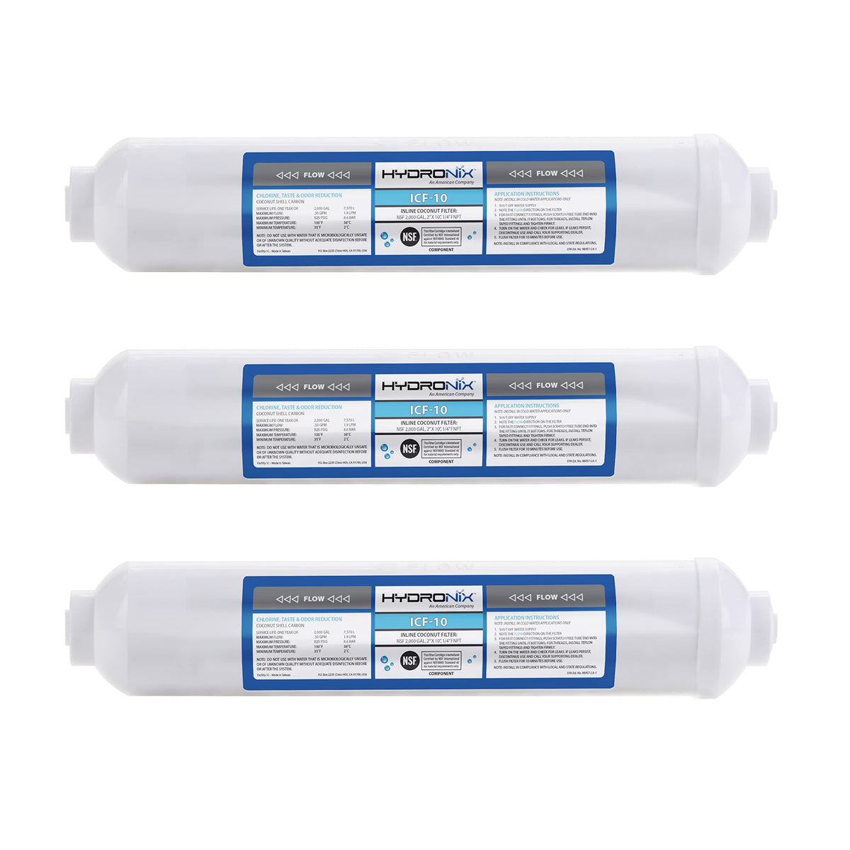 Hydronix ICF-10 inline filter side view for compact refrigerator installation.