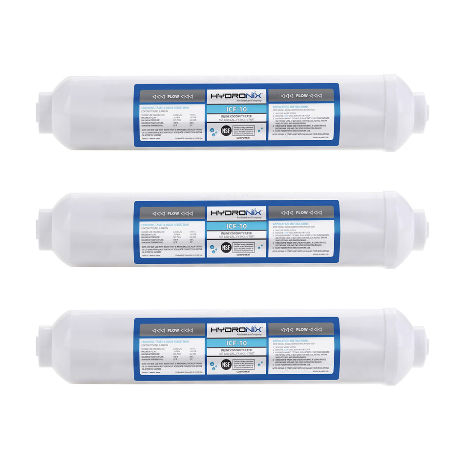 Hydronix ICF-10 inline filter side view for compact refrigerator installation.
