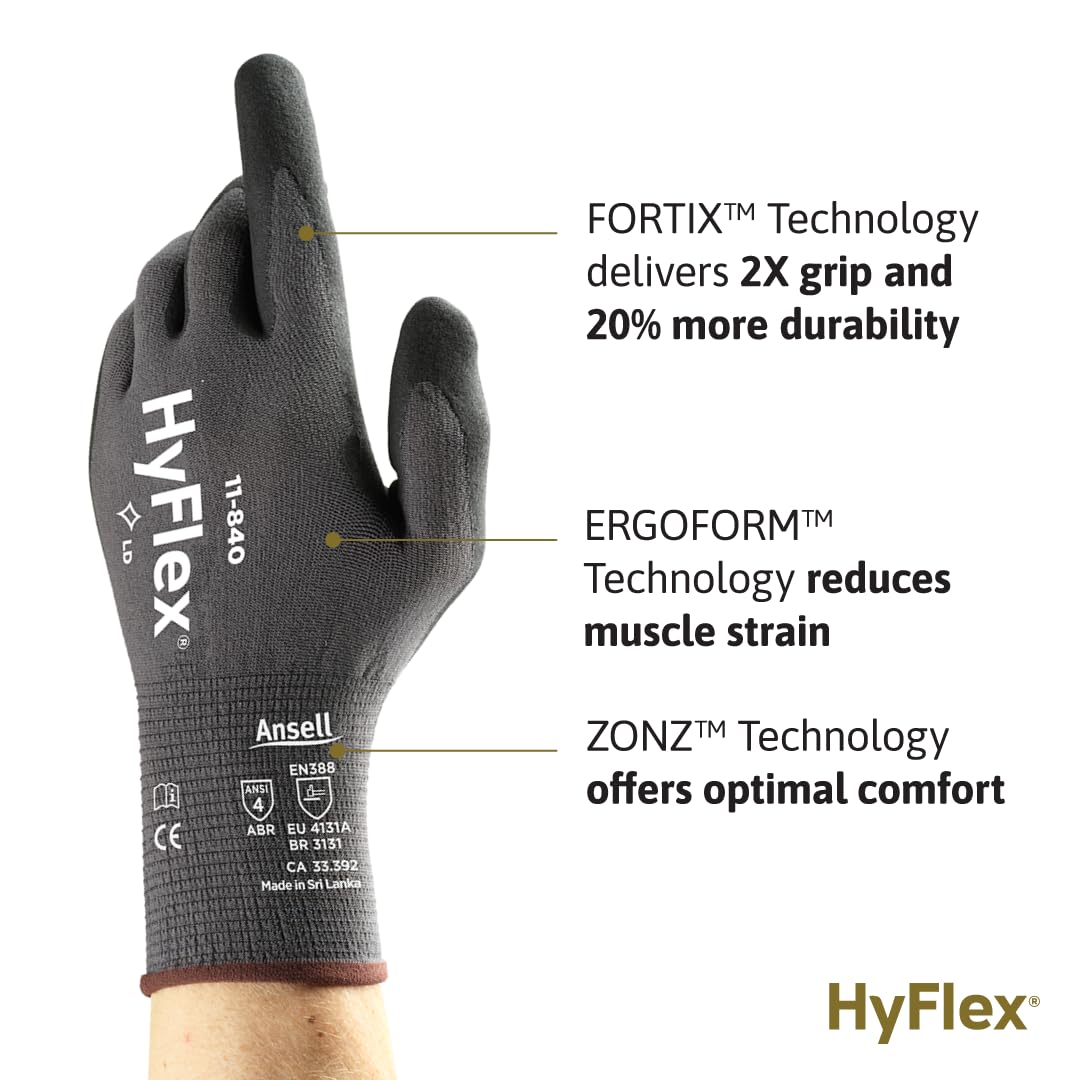 HyFlex 11-840 Ergoform design glove fits hands to reduce fatigue.