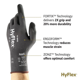HyFlex 11-840 Ergoform design glove fits hands to reduce fatigue.