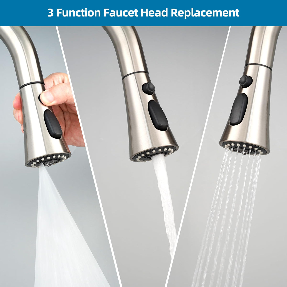 Brushed nickel Hygie Rinse faucet head designed for easy replacement