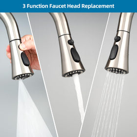 Brushed nickel Hygie Rinse faucet head designed for easy replacement