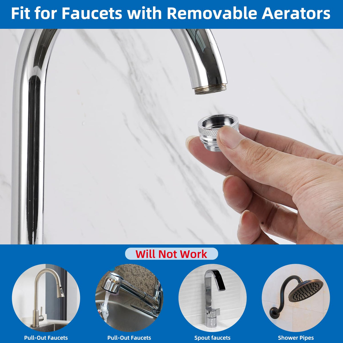 Adapters connected to sink faucet illustrate universal compatibility.