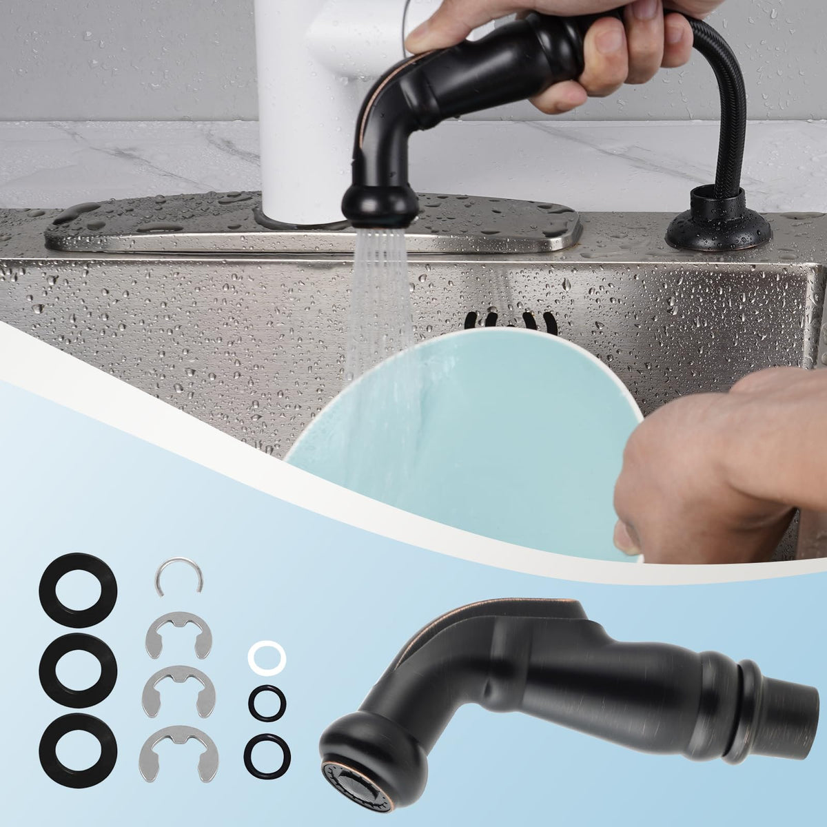 Hygie Rinse sprayer head with included assembly parts