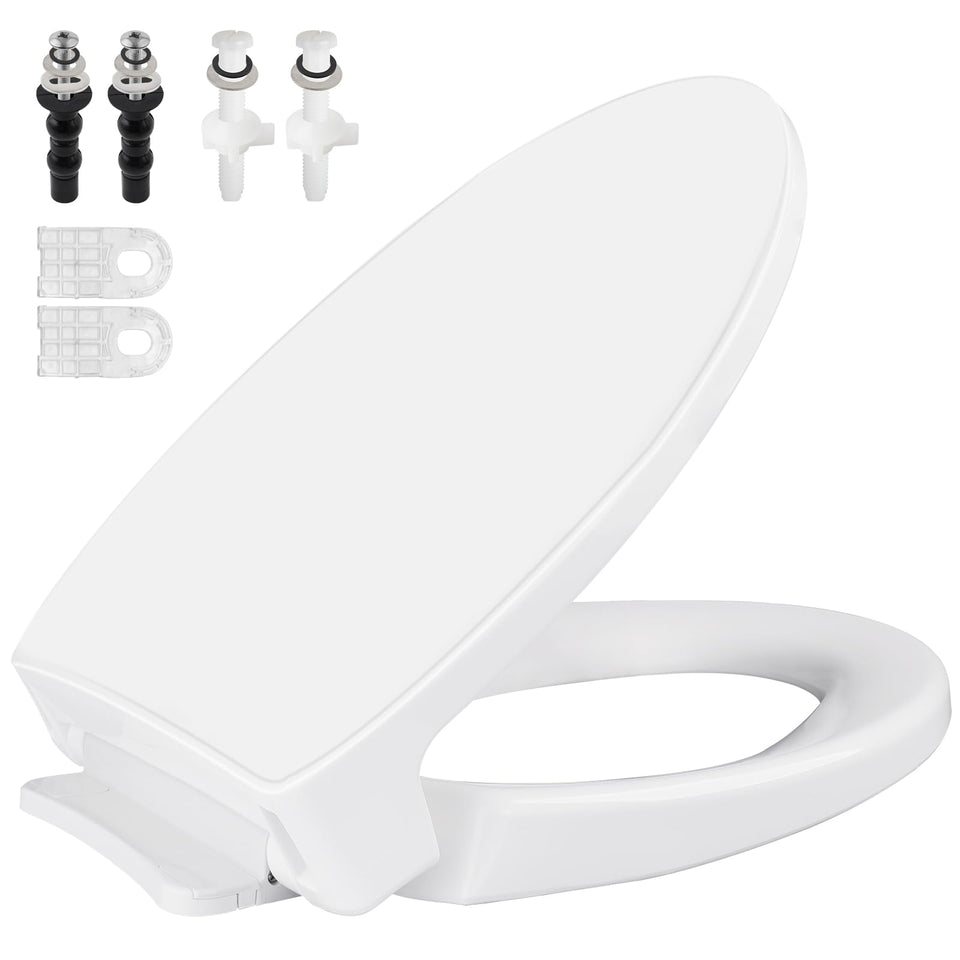 Hygie Rinse SS114 elongated seat with soft-close reduces bathroom noise.