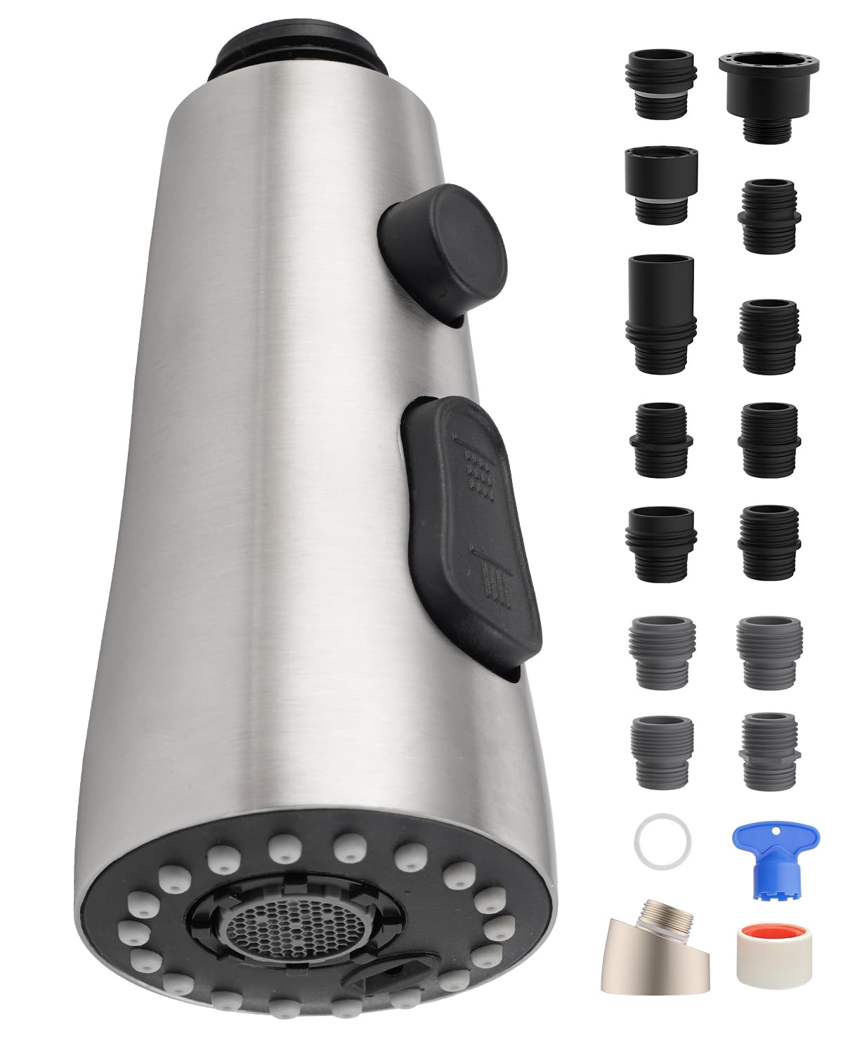 Hygie Rinse stainless faucet head with 15 adapters for wide compatibility.