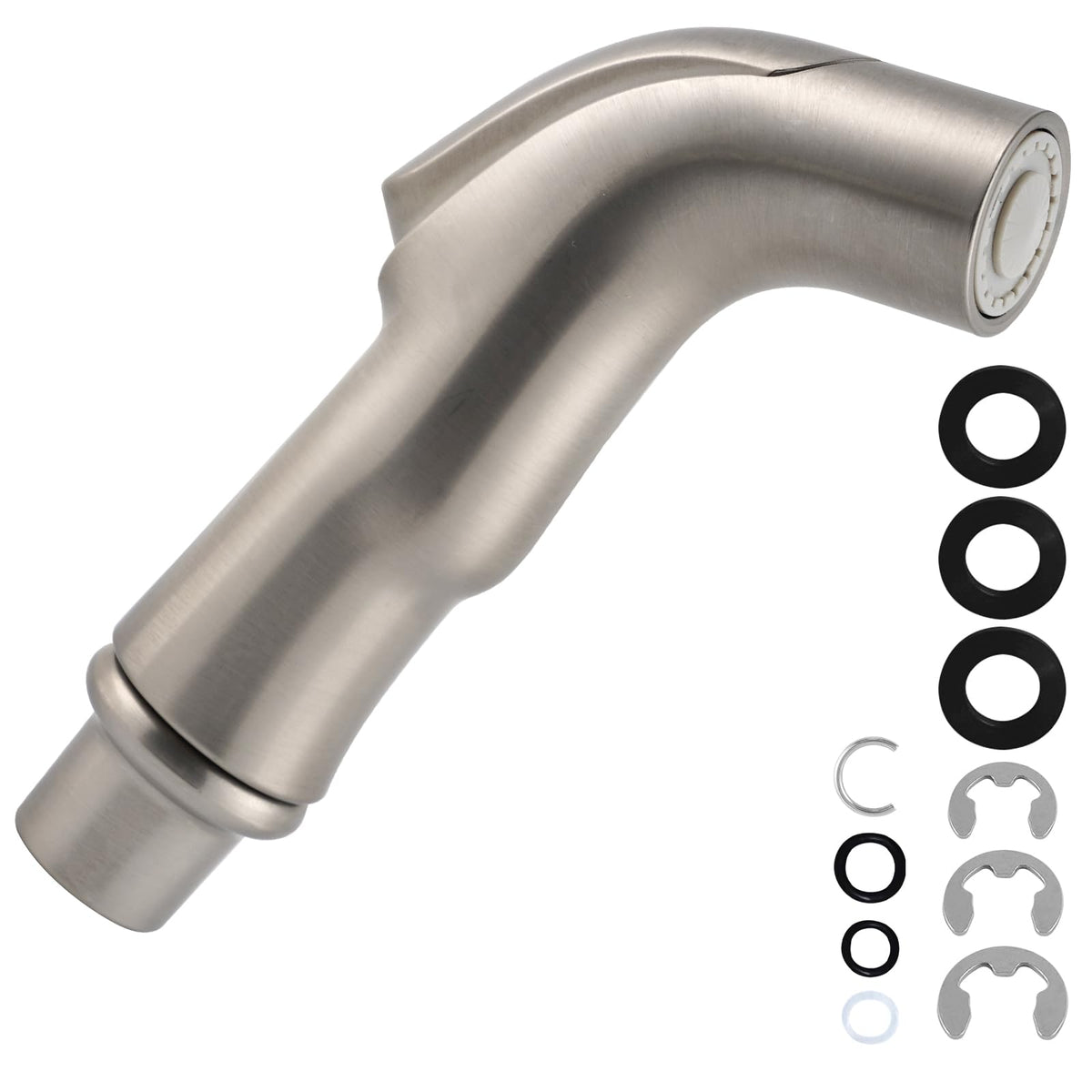 Hygie Rinse universal sink sprayer head in brushed nickel for easy one-thumb operation