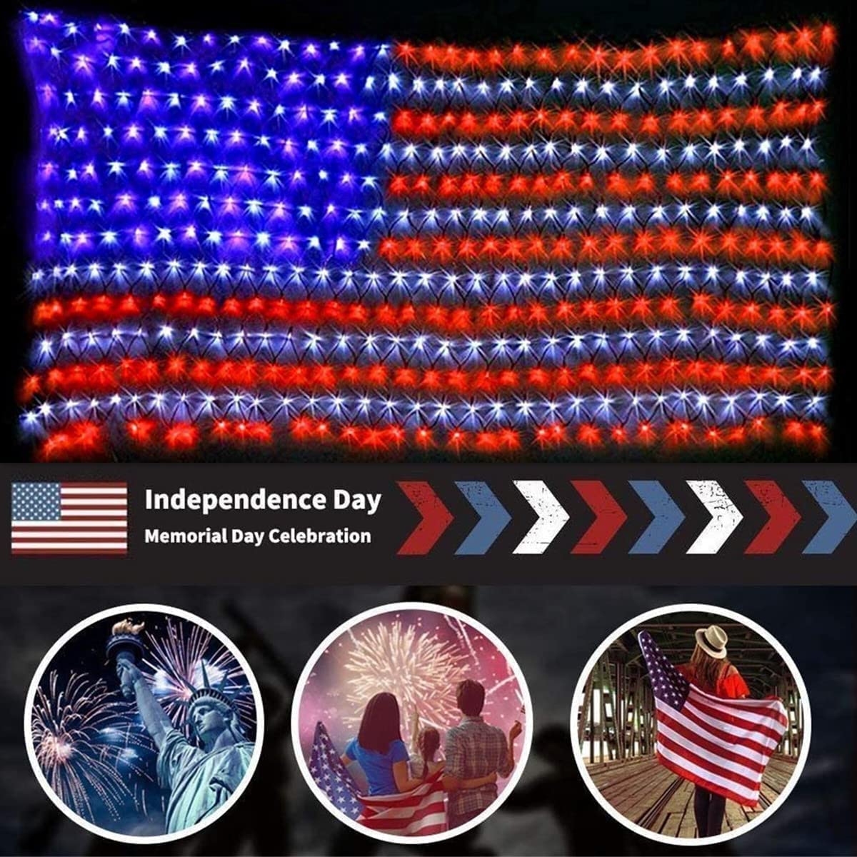 HYH flag lights close-up showing 420 bright LEDs for vivid glow