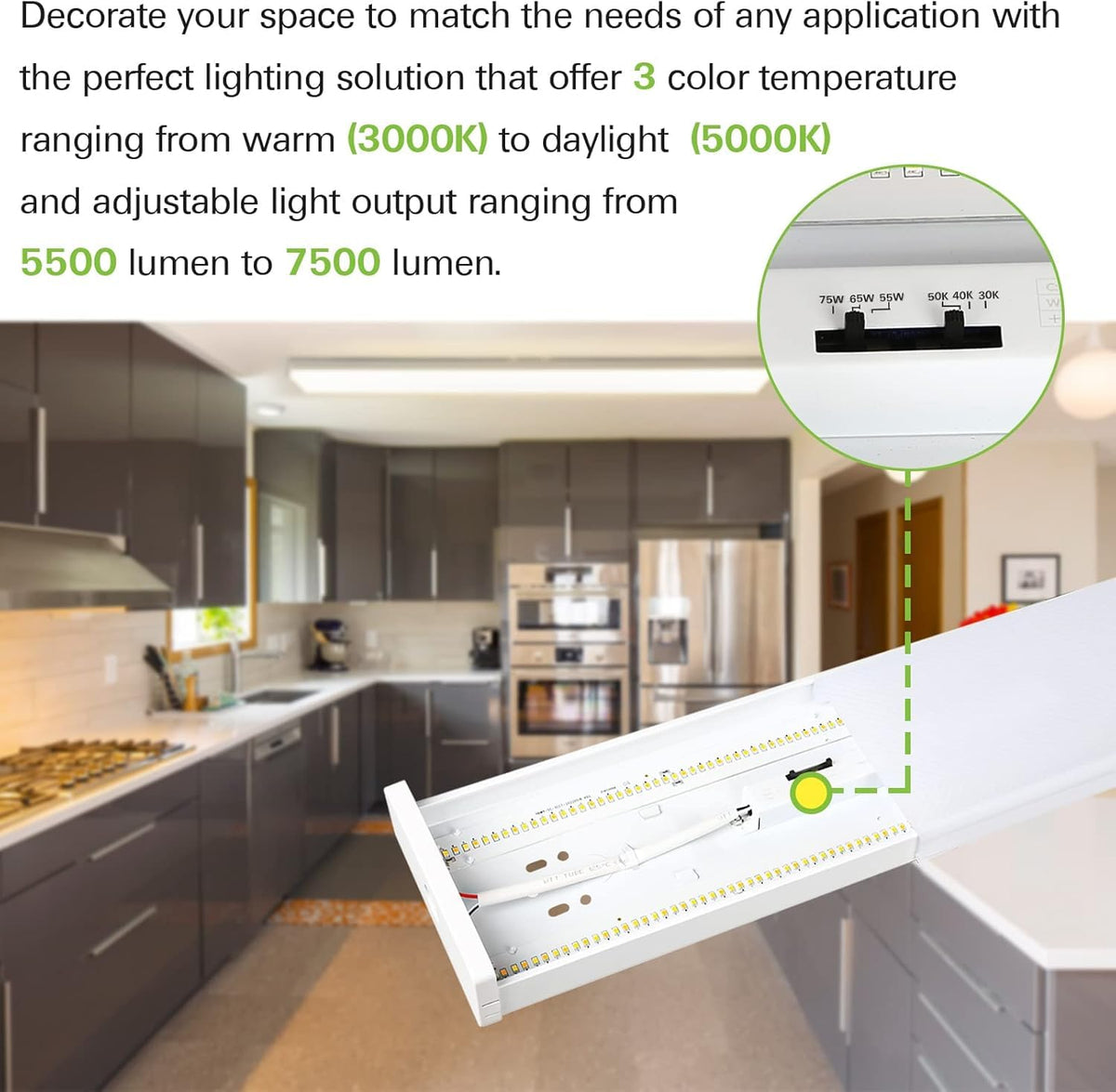 Hykolity 4ft LED wraparound color temperature selector offers 3000K–5000K flexibility for mood lighting.