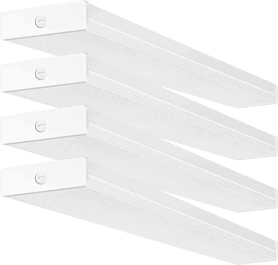 Hykolity 4ft LED wraparound light on ceiling provides bright, even neutral white illumination for garages.