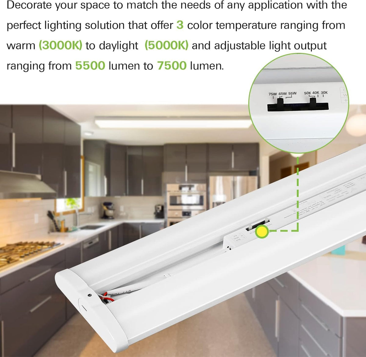 Hykolity 4ft wraparound light mounted on office wall demonstrates flush-mount practicality.