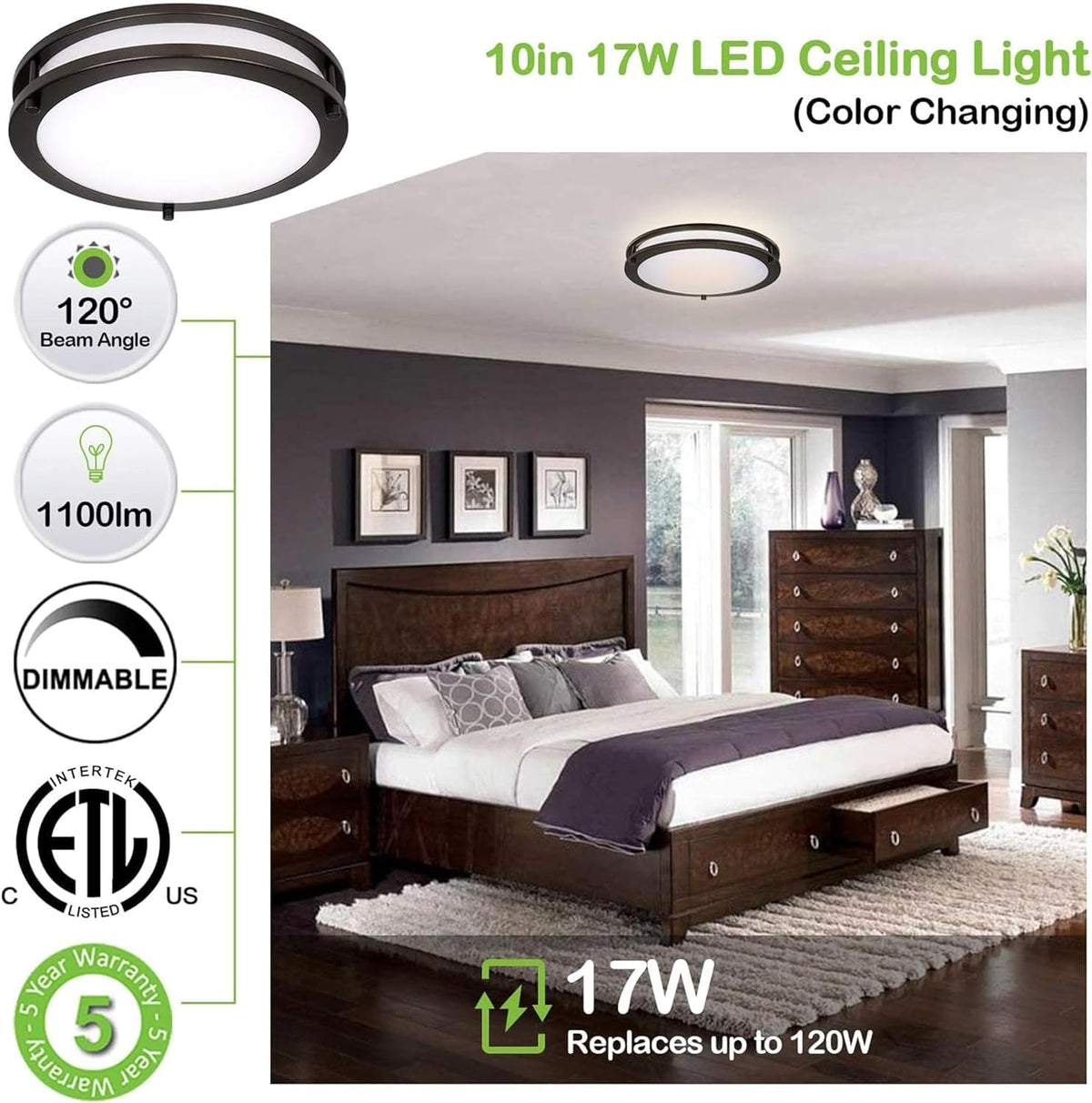 Five CCT options from 2700K to 5000K for versatile ambiance.