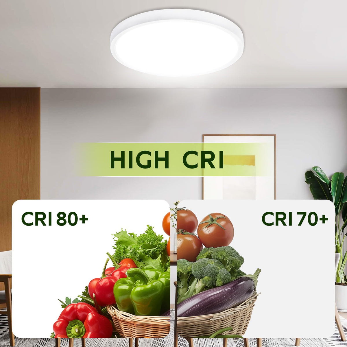 Hykolity damp-location rated ceiling light suited for kitchen and bathroom areas.