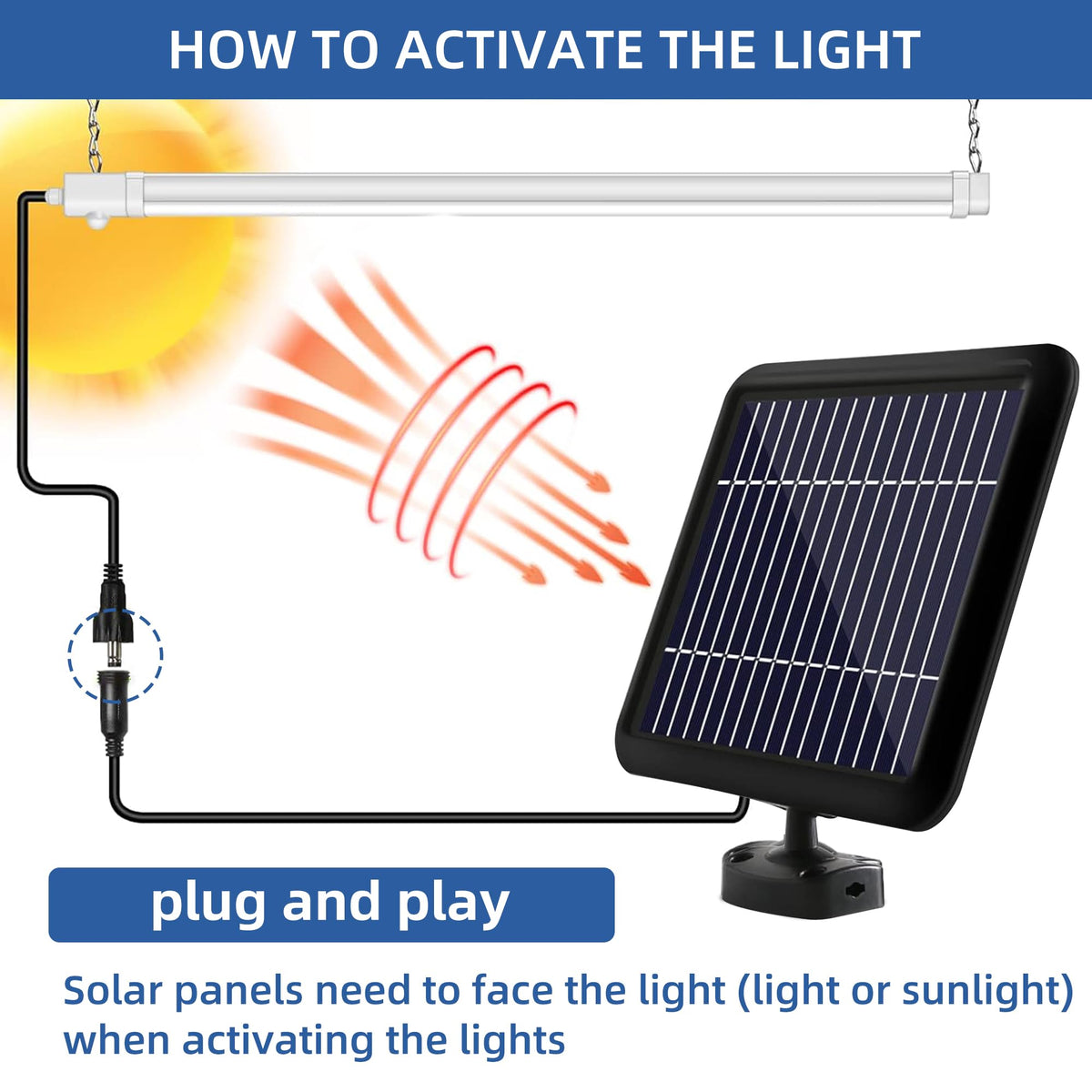 hykolity fifteen-foot cable allows panel outside while light indoors.